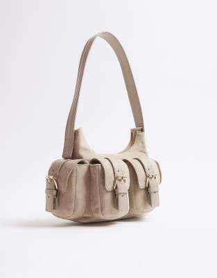 River Island Faux suede buckle pocket utility bag in beige