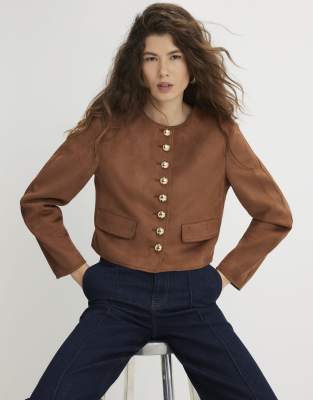 River Island Faux Suede Button Up Trophy Jacket In Brown