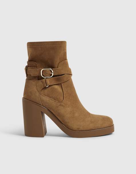 River Island Faux suede chunky buckle ankle boots in tan - view 1