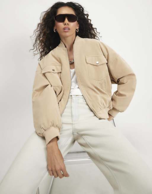 River Island Faux suede classic bomber jacket in cream, 3 of 4