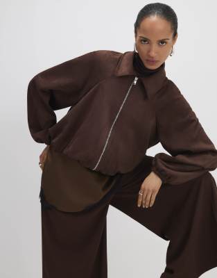 River Island Faux Suede Collared Bomber Jacket In Brown