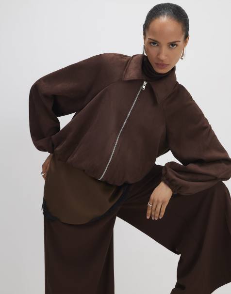 River Island Faux suede collared bomber jacket in brown - dark - view 1