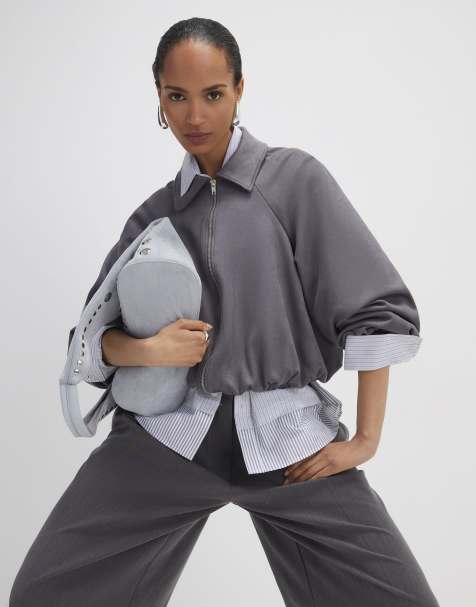 River Island Faux suede collared bomber jacket in grey - view 1