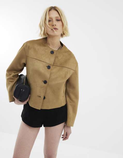 River Island Faux suede collarless jacket in beige - dark - view 1