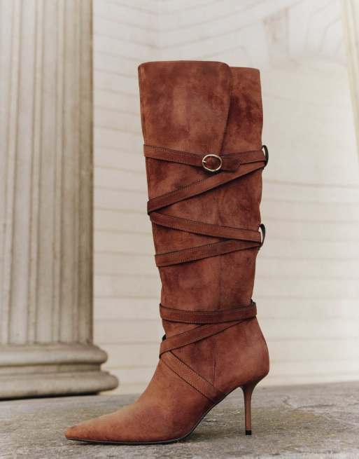River Island Faux suede cross belt knee high boots in tan, 2 of 4