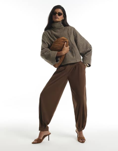 River Island Faux suede cuffed barrel leg trousers in brown - view 1