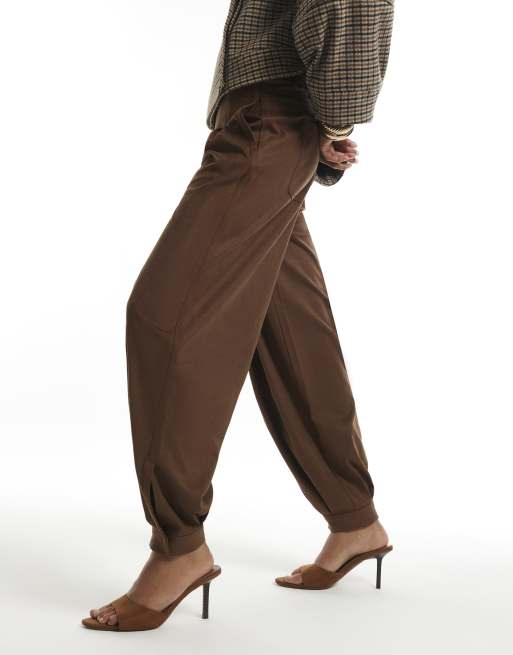 River Island Faux suede cuffed barrel leg trousers in brown, 2 of 4