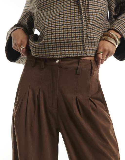 River Island Faux suede cuffed barrel leg trousers in brown, 3 of 4
