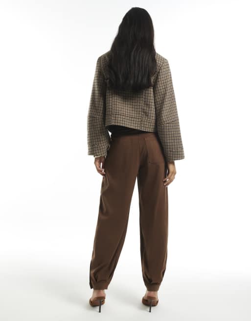 River Island Faux suede cuffed barrel leg trousers in brown, 4 of 4