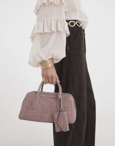 River Island Faux suede curved top bowler bag in pink - light - view 1