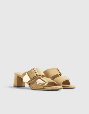  Faux suede double buckle mule sandal in beige - light
