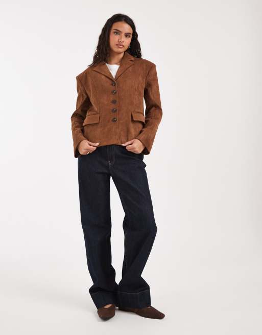River Island Faux suede fitted blazer in brown, 2 of 4