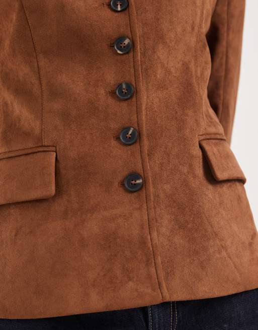 River Island Faux suede fitted blazer in brown, 3 of 4