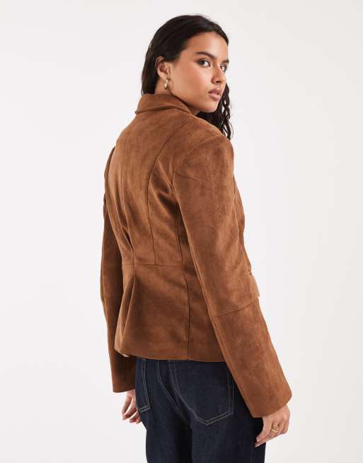 River Island Faux suede fitted blazer in brown, 4 of 4