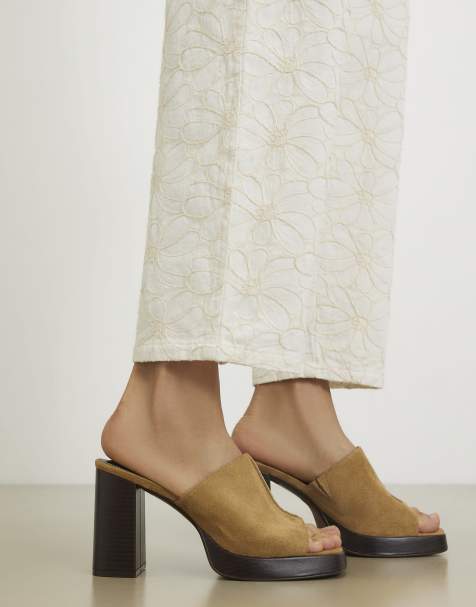 River Island Faux suede heeled mule sandals in beige - view 1