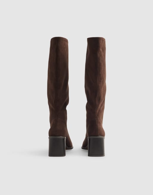 River Island Faux suede high heeled slouch boots in dark brown, 4 of 4