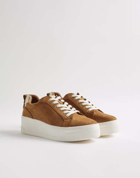 River Island Faux suede lace up flatform trainers in brown - view 1