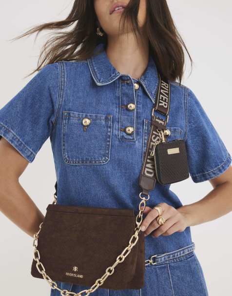 River Island Faux suede monogram cross body bag in brown - dark - view 1
