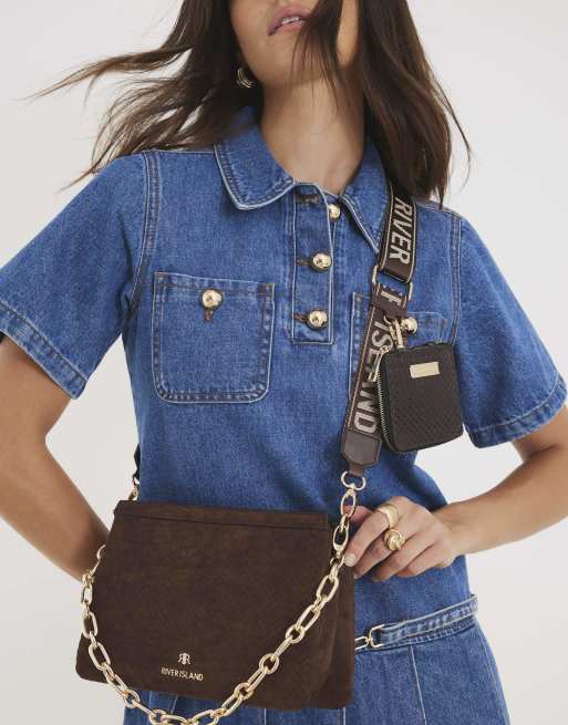 River Island Faux suede monogram cross body bag in brown - dark