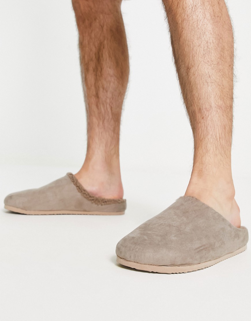River Island faux suede mule slippers in beige-Neutral