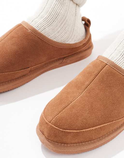 River Island faux suede mule slippers in chestnut