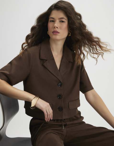 River Island Faux suede short sleeve shirt in brown - view 1