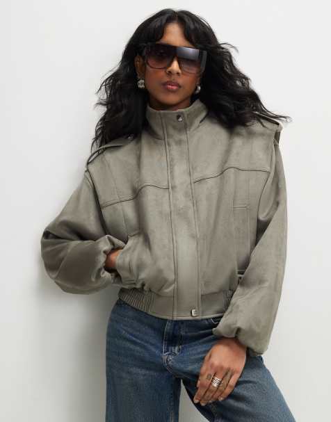 River Island Faux suede shoulder detail jacket in khaki