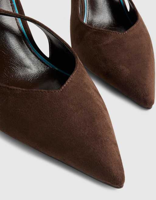 River Island Faux suede sling back court heels in brown - dark, 2 of 4