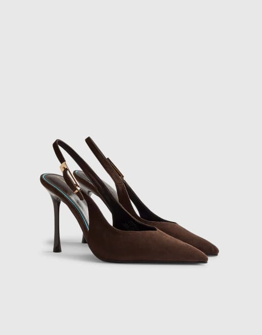 River Island Faux suede sling back court heels in brown - dark, 3 of 4