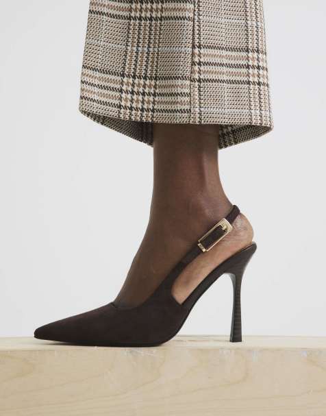 River Island Faux suede slingback buckle court heels in brown - view 1