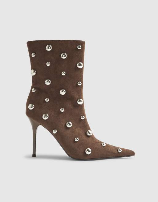 River Island Faux suede studded heeled ankle boots in beige - dark