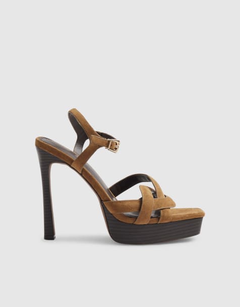 River Island Faux suede twisted heeled sandals in tan - view 1