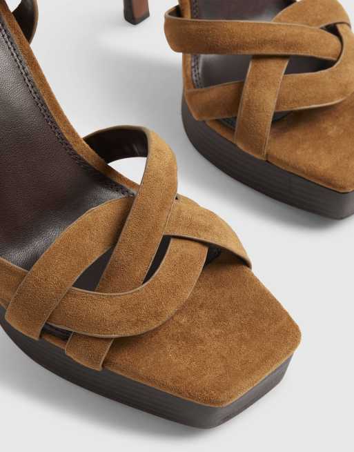 River Island Faux suede twisted heeled sandals in tan, 3 of 4