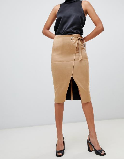 River Island faux suede wrap front pencil skirt in light camel