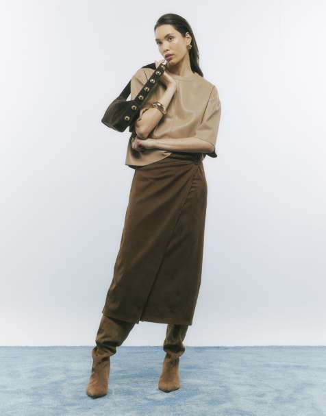 River Island Faux suede wrap midi skirt in brown