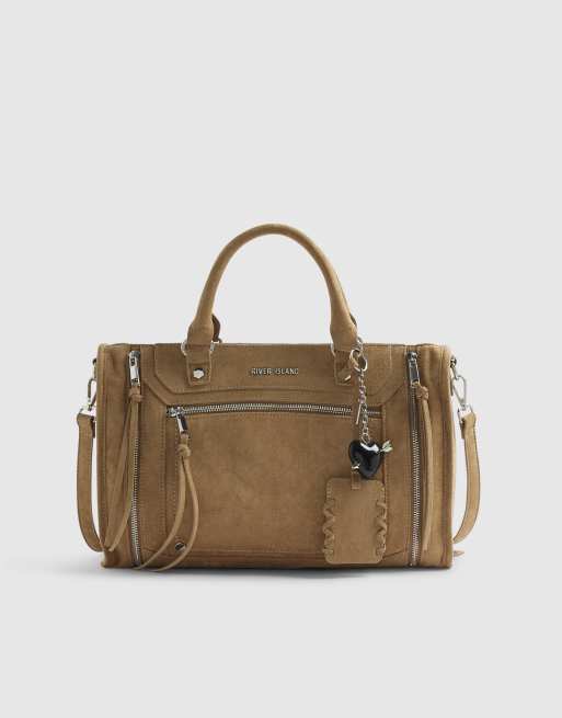 River Island Faux suede zip panel tote bag in beige, 3 of 4