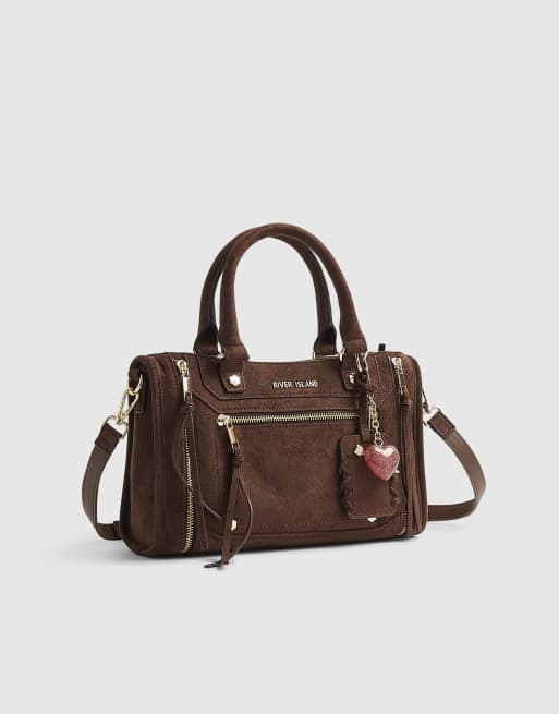River Island Faux suede zip panel tote bag in brown, 3 of 4