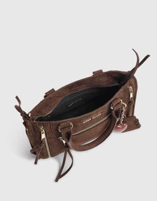River Island Faux suede zip panel tote bag in brown, 4 of 4