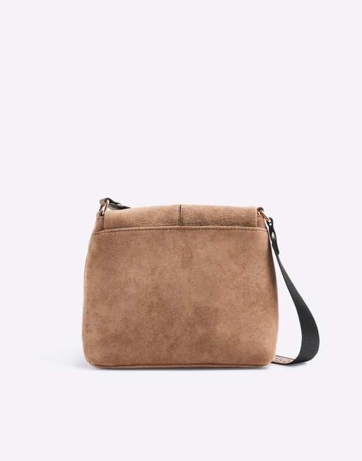River Island Faux suede zipped messenger bag in beige
