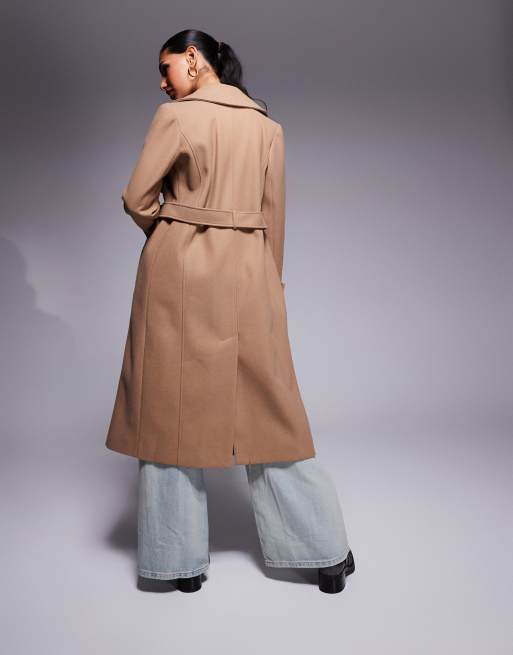 River Island faux wool belted wrap coat in light brown