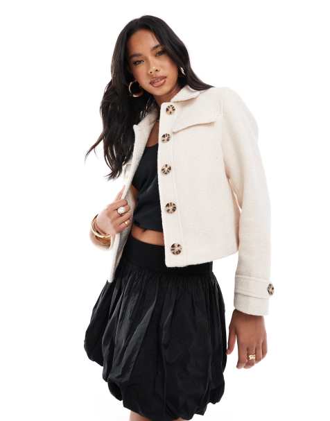 River Island faux wool jacket with popper button detail in cream - view 1