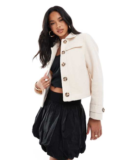 River Island faux wool jacket with snap button detail in cream