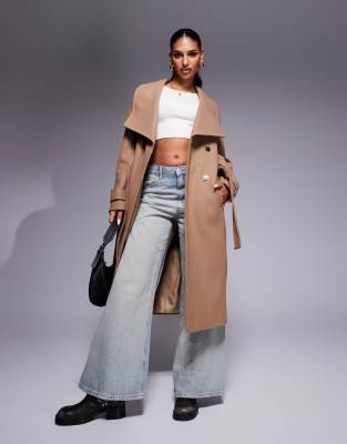 River Island Faux Wool Look Belted Wrap Coat In Brown