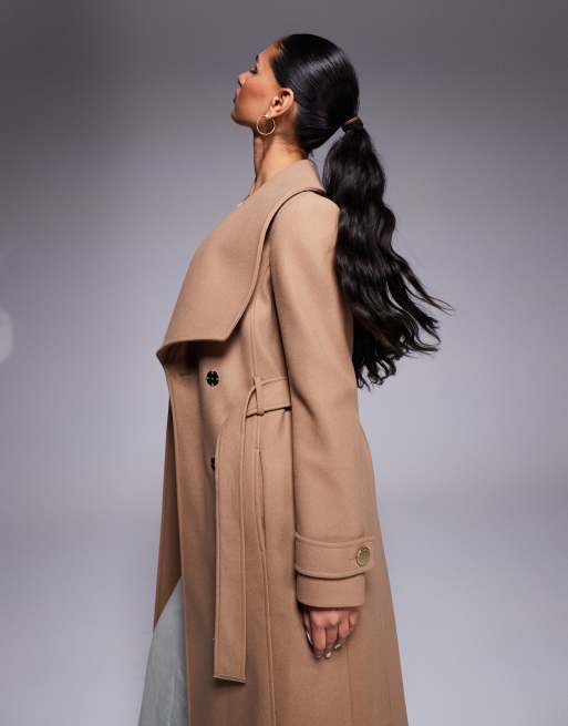 River Island faux wool look belted wrap coat in light brown ASOS