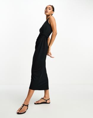 River Island - Figurbetontes Midikleid aus Jersey in Schwarz mit Racer-Ausschnitt und verdrehtem Design an der Vordersei...