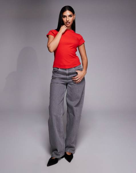 River Island – Figurbetontes T-Shirt mit Rippenstruktur in Rot - view 1