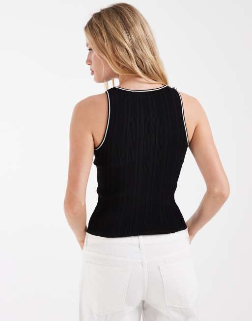 River Island fine knit contrast trim singlet in black, 4 of 4