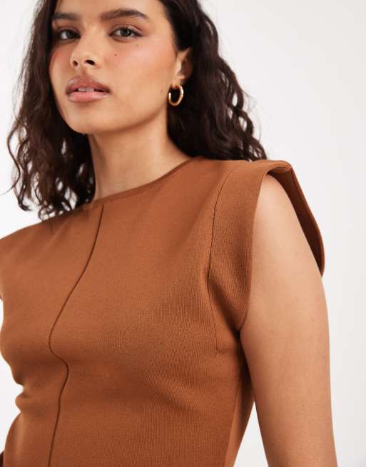 River Island fine knit fitted top with cap sleeves in brown, 3 of 4