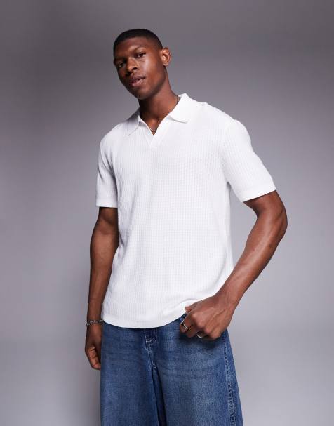 River Island fine knit open collar polo top in white - view 1