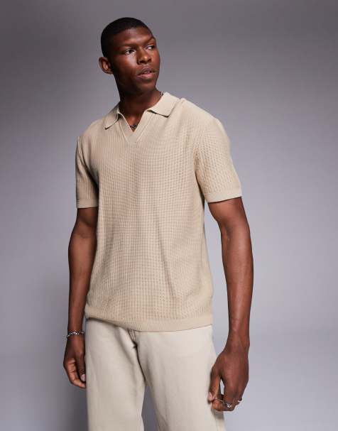 River Island fine knit polo with open collar in stone - view 1
